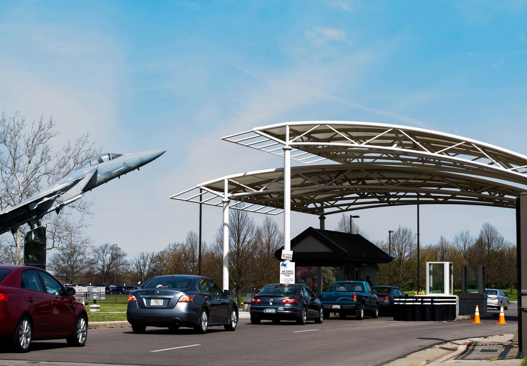 Traffic flows through Gate 12A onto Wright-Patterson Air Force Base.  Traffic may be slower due to the change to Health Protection Condition Bravo.