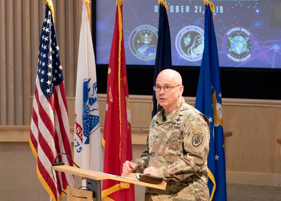 U.S. Army BG Thomas James delivers remarks to recognize the establishment of Joint Task Force Space Defense during a ceremony held at Schriever Air Force Base, Colo., Oct. 21, 2019. Joint Task Force Space Defense is one of two subordinate commands to USSPACECOM with a mission to conduct space superiority operations. (DoD photo by Patrick Morrow)