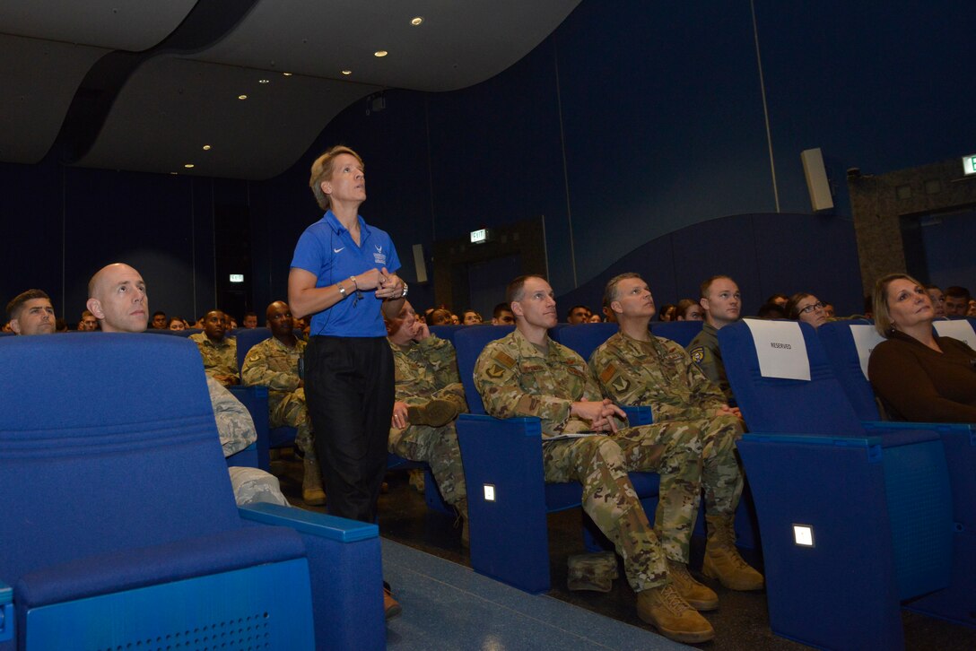 Retired U.S. Air Force Col. Laurel “Buff” Burkel, Air Force Wounded Warrior Program ambassador, speaks to the 86th Airlift Wing at Ramstein Air Base, Germany, Oct. 18, 2019.