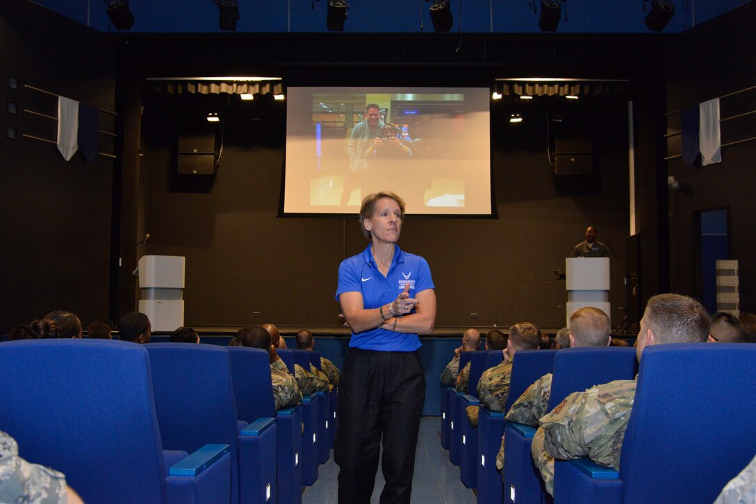 Retired U.S. Air Force Col. Laurel “Buff” Burkel, Air Force Wounded Warrior Program ambassador, shares a picture of her recovery from a helicopter crash with the 86th Airlift Wing at Ramstein Air Base, Germany, Oct. 18, 2019.