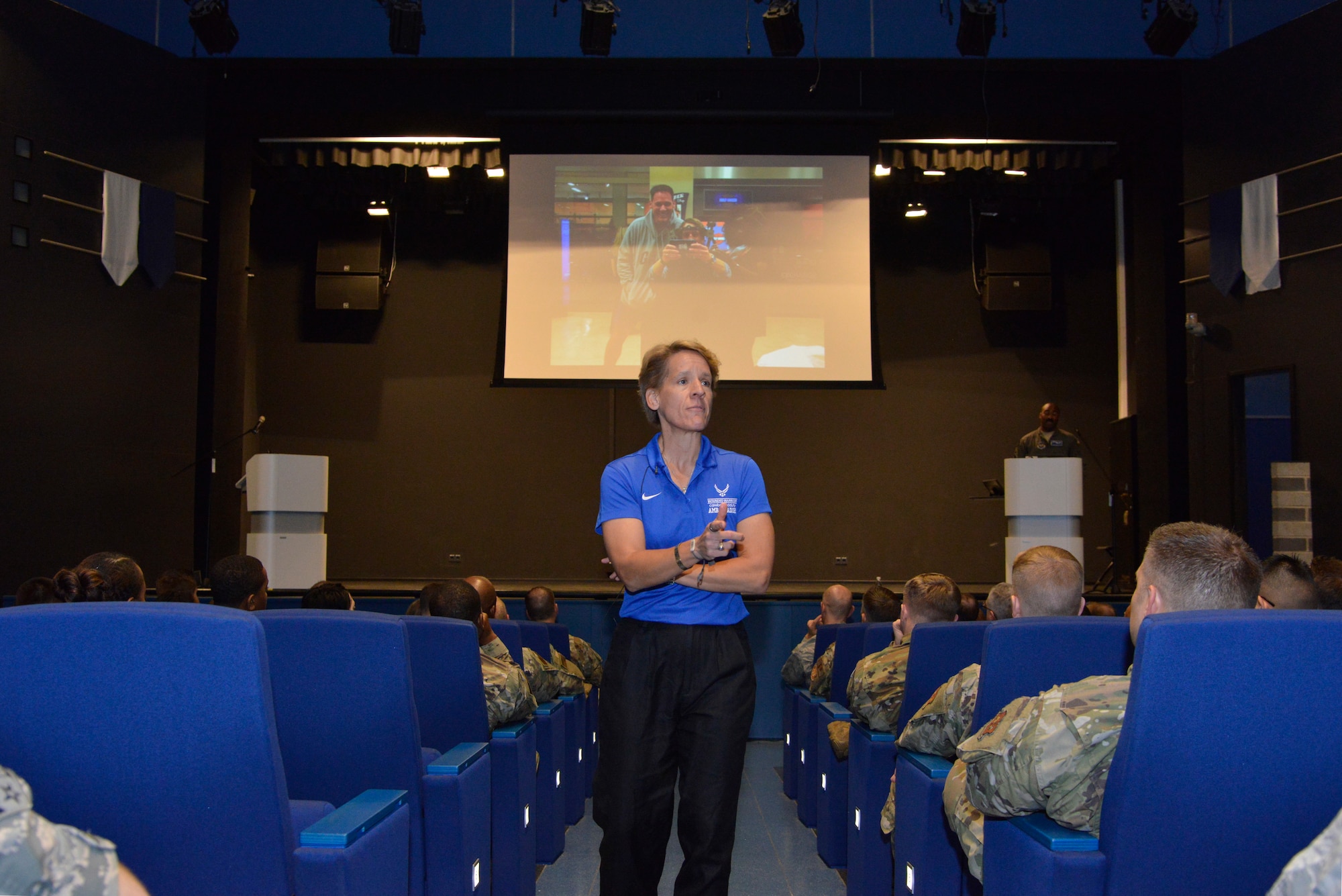 Retired U.S. Air Force Col. Laurel “Buff” Burkel, Air Force Wounded Warrior Program ambassador, shares a picture of her recovery from a helicopter crash with the 86th Airlift Wing at Ramstein Air Base, Germany, Oct. 18, 2019.