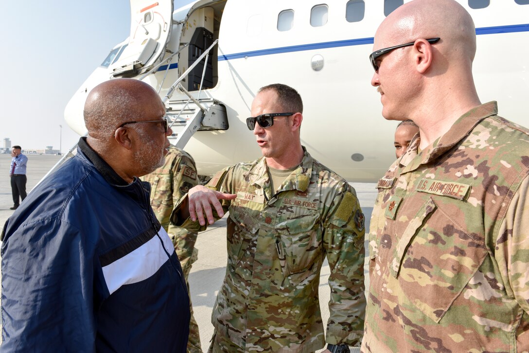 Congressman Bennie Thompson, Chairman of the House Homeland Security Committee, speaks with Airmen during a congressional delegation visit at Al Udeid Air Base, Qatar on Oct. 21, 2019. The congressional delegation was led by Speaker of the U.S. House of Representatives Nancy Pelosi. The delegation also included members of the House Committee of Foreign Affairs, House Homeland Security Committee, House Permanent Select Committee on Intelligence, House Armed Services Committee, House Ways and Means Committee and House Committee on Oversight and Government Reform. (U.S. Air Force photo by Tech. Sgt. John Wilkes)