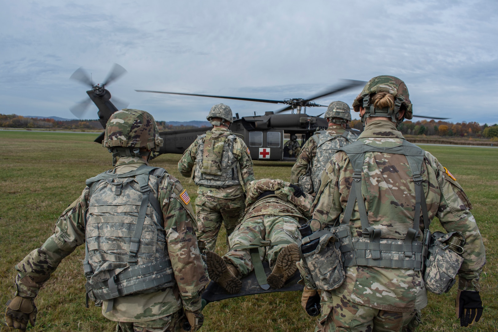 New York National Guard Soldiers of the 466th Area Support Medical Company conduct medical evacuation training with medevac aircrews of C Company, 1st Battalion, 171st General Support Aviation, at Floyd Bennet Memorial Airport in Queensbury, New York, Oct. 20th, 2019. The training prepares the medics of the 466th for mobilization and deployment to Iraq in 2020.