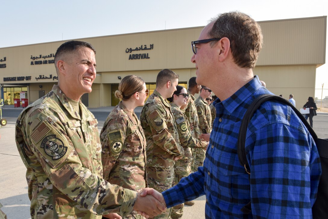 Congressmen and congresswomen with the U.S. House of Representatives met with Airmen during a congressional delegation visit to Al Udeid Air Base, Qatar on Oct. 21, 2019. The congressional delegation was led by Speaker of the U.S. House of Representatives Nancy Pelosi. The delegation also included members of the House Committee of Foreign Affairs, House Homeland Security Committee, House Permanent Select Committee on Intelligence, House Armed Services Committee, House Ways and Means Committee and House Committee on Oversight and Government Reform. (U.S. Air Force photo by Tech. Sgt. John Wilkes)