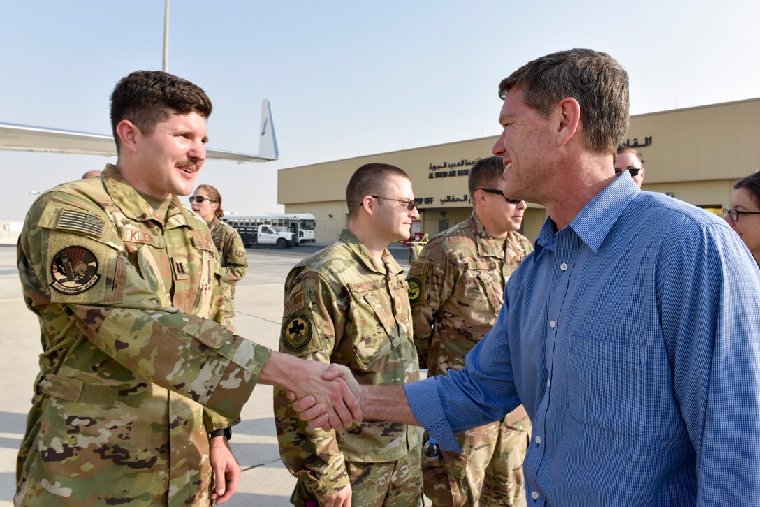 Congressman Ron Kind, representative of Wisconsin’s Third Congressional District, speaks with an Airman during a congressional delegation visit at Al Udeid Air Base, Qatar on Oct. 21, 2019. The congressional delegation was led by Speaker of the U.S. House of Representatives Nancy Pelosi. The delegation also included members of the House Committee of Foreign Affairs, House Homeland Security Committee, House Permanent Select Committee on Intelligence, House Armed Services Committee, House Ways and Means Committee and House Committee on Oversight and Government Reform. (U.S. Air Force photo by Tech. Sgt. John Wilkes)