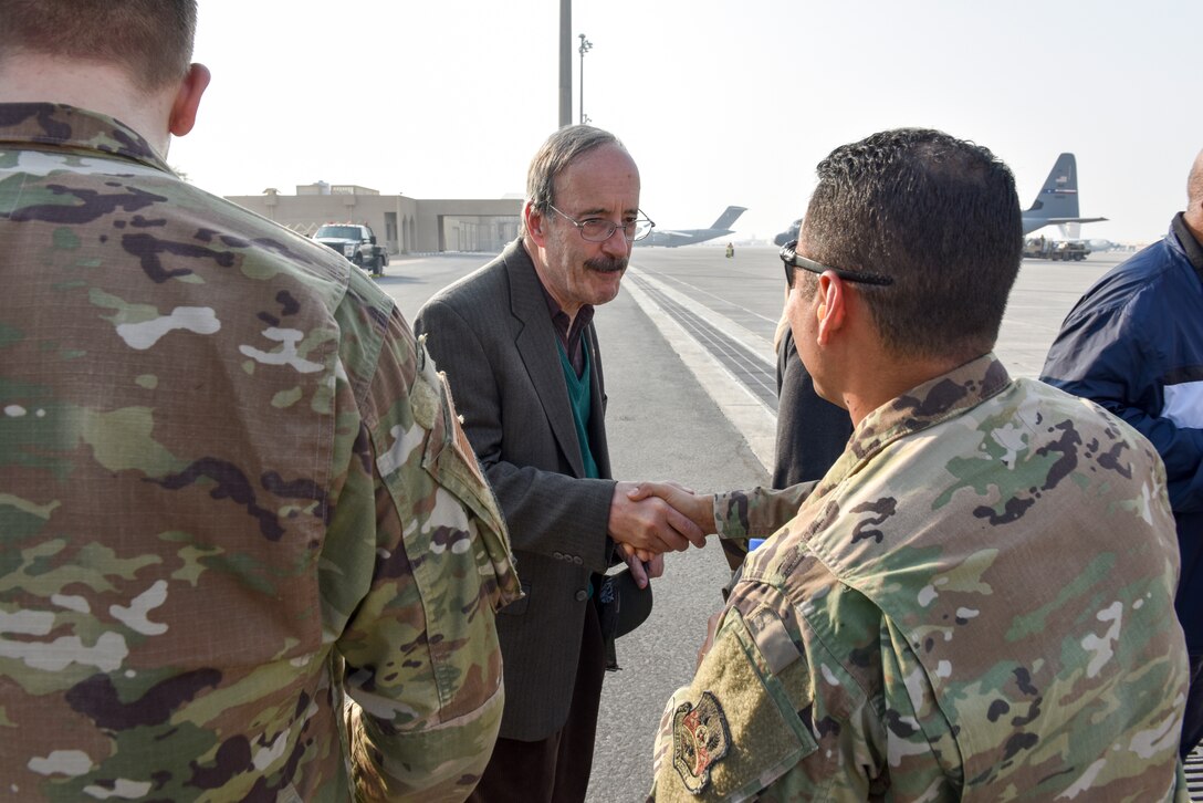 Congressman Eliot Engel, Chairman of the House Foreign Affairs Committee, shakes an Airman’s hand during a congressional delegation visit at Al Udeid Air Base, Qatar on Oct. 21, 2019. The congressional delegation was led by Speaker of the U.S. House of Representatives Nancy Pelosi. The delegation also included members of the House Committee of Foreign Affairs, House Homeland Security Committee, House Permanent Select Committee on Intelligence, House Armed Services Committee, House Ways and Means Committee and House Committee on Oversight and Government Reform. (U.S. Air Force photo by Tech. Sgt. John Wilkes)