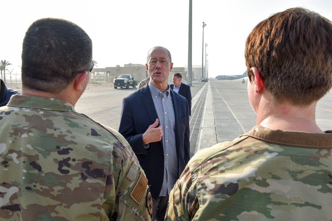 Congressmen and congresswomen with the U.S. House of Representatives met with Airmen during a congressional delegation visit to Al Udeid Air Base, Qatar on Oct. 21, 2019. The congressional delegation was led by Speaker of the U.S. House of Representatives Nancy Pelosi. The delegation also included members of the House Committee of Foreign Affairs, House Homeland Security Committee, House Permanent Select Committee on Intelligence, House Armed Services Committee, House Ways and Means Committee and House Committee on Oversight and Government Reform. (U.S. Air Force photo by Tech. Sgt. John Wilkes)