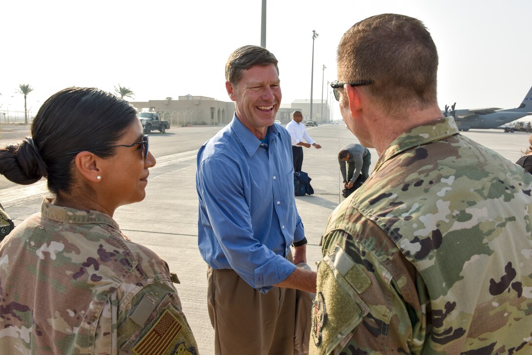 Congressman Ron Kind, representative of Wisconsin’s Third Congressional District, speaks with an Airman during a congressional delegation visit at Al Udeid Air Base, Qatar on Oct. 21, 2019. The congressional delegation was led by Speaker of the U.S. House of Representatives Nancy Pelosi. The delegation also included members of the House Committee of Foreign Affairs, House Homeland Security Committee, House Permanent Select Committee on Intelligence, House Armed Services Committee, House Ways and Means Committee and House Committee on Oversight and Government Reform. (U.S. Air Force photo by Tech. Sgt. John Wilkes)