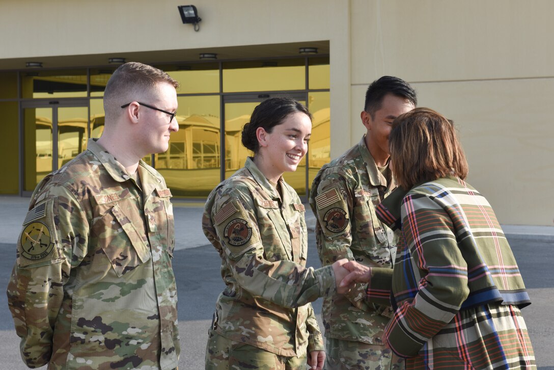 Speaker of the U.S. House of Representatives Nancy Pelosi speaks with an Airman during a congressional delegation visit at Al Udeid Air Base, Qatar on Oct. 21, 2019. The delegation also included members of the House Committee of Foreign Affairs, House Homeland Security Committee, House Permanent Select Committee on Intelligence, House Armed Services Committee, House Ways and Means Committee and House Committee on Oversight and Government Reform. (U.S. Air Force photo by Tech. Sgt. John Wilkes)