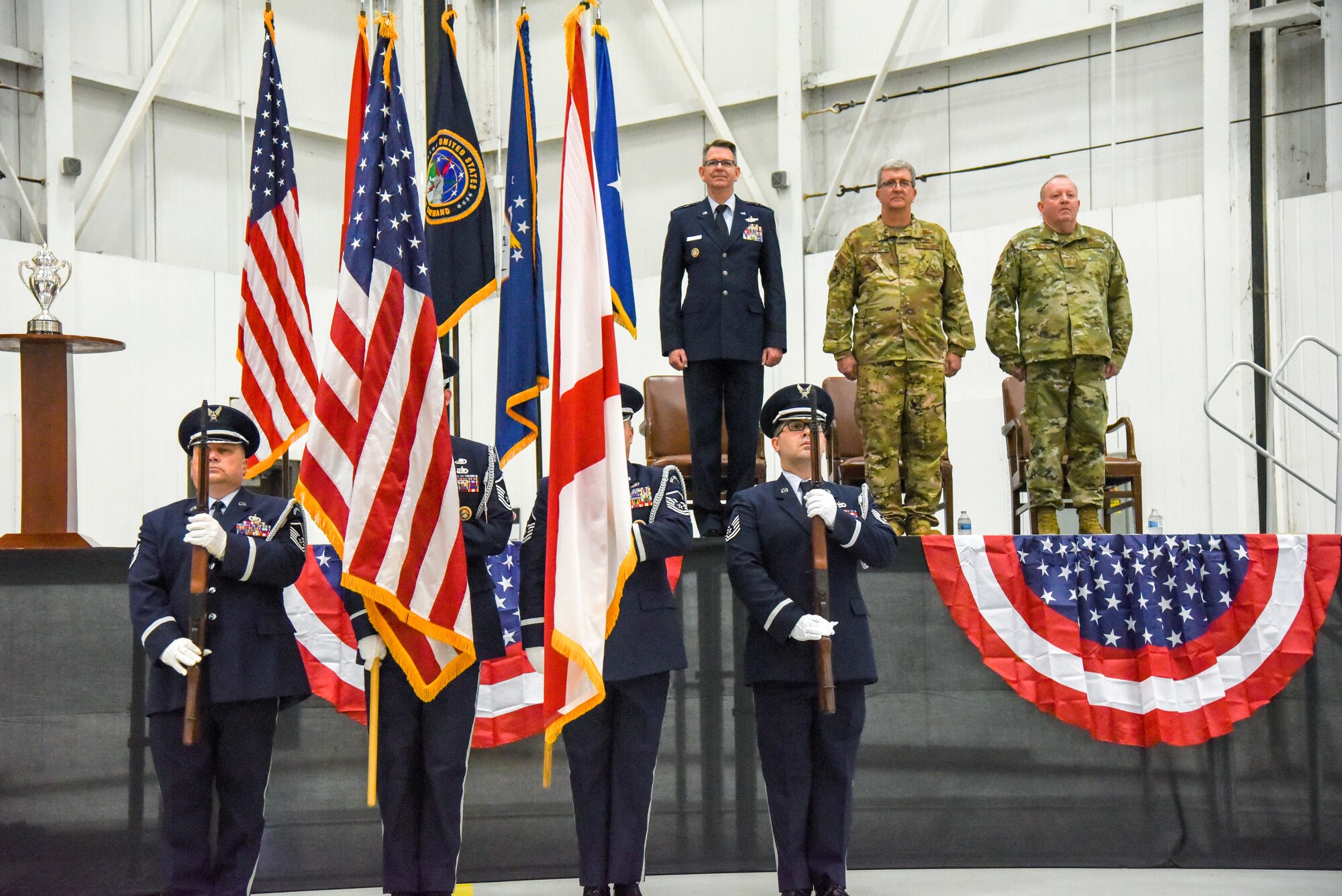 The 117 Air Refueling Wing is awarded the Omaha Trophy at Sumpter Smith Air National Guard Base, AL., Oct. 19, 2019.  The 117 ARW won in the strategic aircraft category.  The unit was the first Air National Guard unit to receive the award.  (U.S. Air National Guard photo by Master Sgt. Jeremy Farson)
