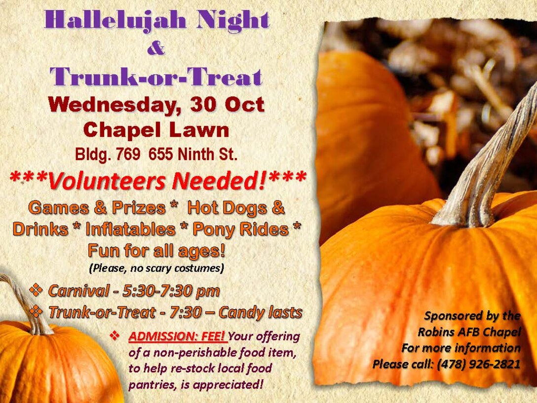 Robins Halloween, Hallelujah Night events to treat base community to fun