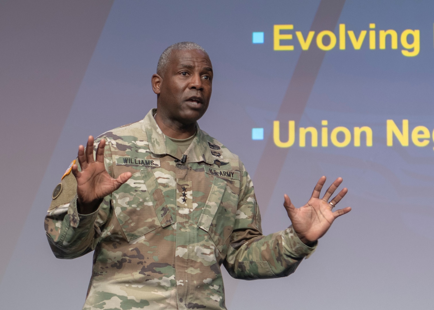 DLA Director Lt. Gen. Darrell Williams (male) addresses the DLA workforce during a Town Hall.