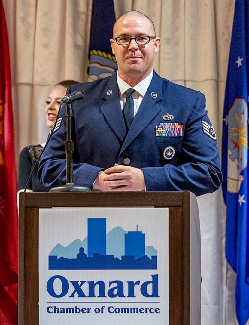 Staff Sgt. Mykal Tanner, a 344th Training Squadron Military Handling Equipment instructor, is recognized as the Oxnard Chamber of Commerce's Air Force Active Duty Member of the Year in a ceremony Sept. 20.