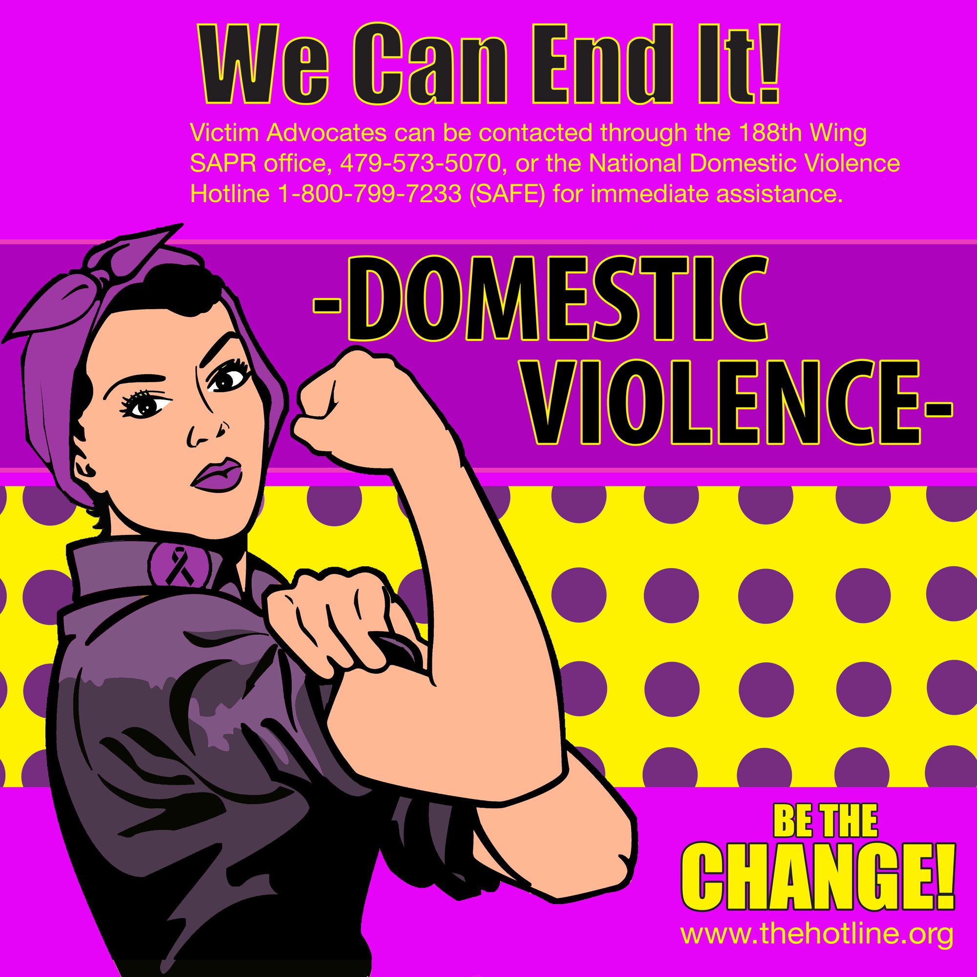 October is nationally recognized as Domestic Violence Awareness Month. Each year, between 960,000 and 3,000,000 cases of domestic abuse are filed. On top of the reported cases, there are many other incidents that go unreported. In the Unites States alone, it is estimated that 1 in 4 women, and 1 in 7 men are victims of domestic abuse every year. There are a variety of resources you can contact to report an incident. The national domestic violence hotline is 1-800-799-7233 (SAFE) and their website is www.thehotline.org. There are also resources through the wing’s Director of Psychological Health, Chaplain’s office, or SAPR office. Together, we can be the change.