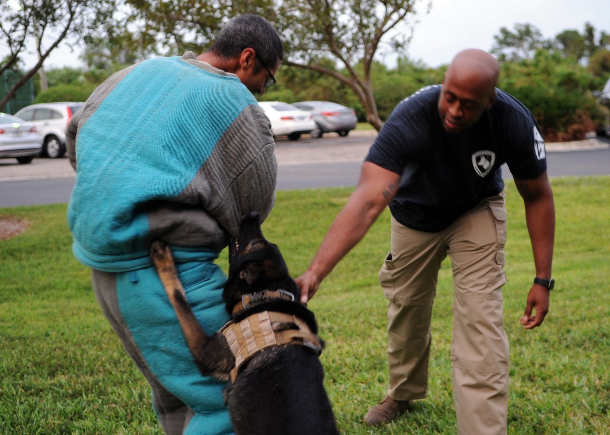 Staff Sgt. Randle Williams and Staff Sgt. Akeen McKinnon, military working dog handlers, showcase some bite training with military working dog, Digo, on Oct. 7, 2019, at Clubhouse Park in Viera, Fla. MWD handlers from the 45th Space Wing put on a K9 demonstration for the Cub Scout pack to show the skills, training and bond bewtween handler and military working dog. (U.S. Air Force photo by Maggie Nave)
