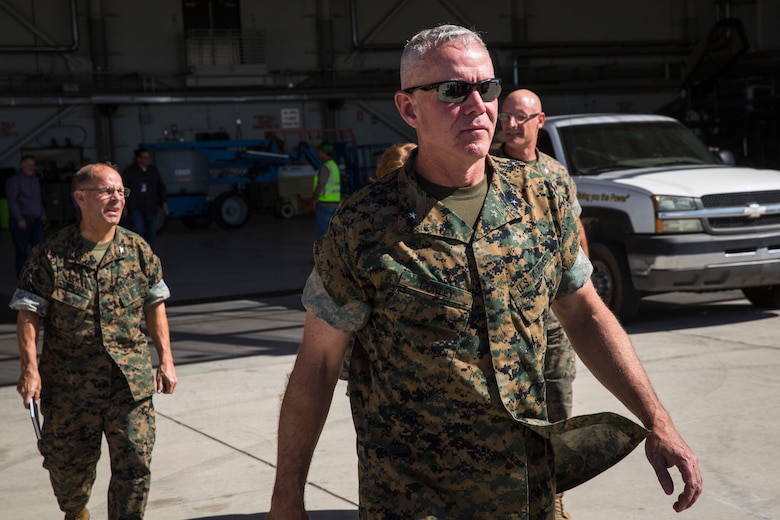 U.S. Marine Corps Brig. Gen. David B. Conley, the Marine Corps Installations - West (MCI-WEST) Commanding General visits Marine Corps Air Station (MCAS) Yuma, Ariz., Oct. 16, 2019. This is Brig. Gen. Conley's first visit to MCAS Yuma, during which he recieved a tour of the aircraft hangars, barracks, station facilities and met with Col. David A. Suggs, the commanding officer of MCAS Yuma. (U.S. Marine Corps photo by Sgt. Isaac D. Martinez)