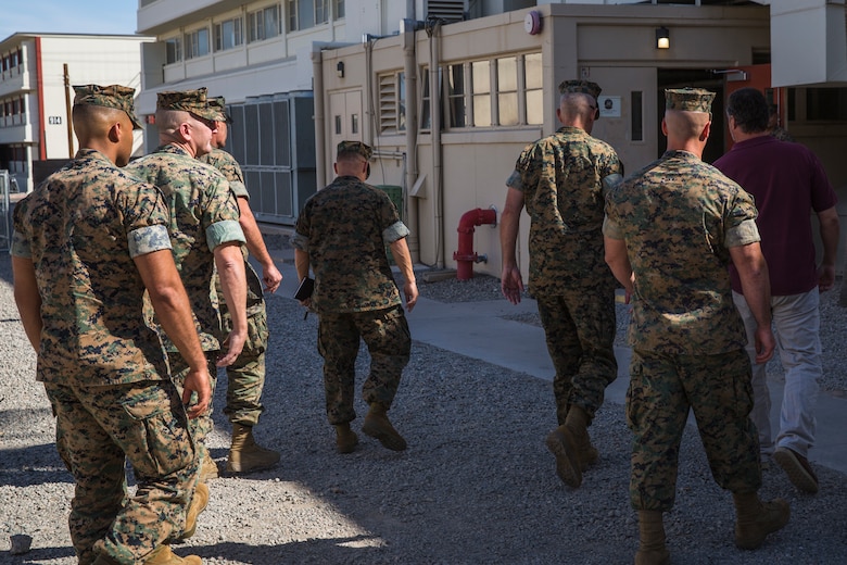 U.S. Marine Corps Brig. Gen. David B. Conley, the Marine Corps Installations - West (MCI-WEST) Commanding General visits Marine Corps Air Station (MCAS) Yuma, Ariz., Oct. 16, 2019. This is Brig. Gen. Conley's first visit to MCAS Yuma, during which he recieved a tour of the aircraft hangars, barracks, station facilities and met with Col. David A. Suggs, the commanding officer of MCAS Yuma. (U.S. Marine Corps photo by Sgt. Isaac D. Martinez)