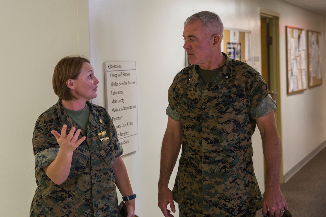 U.S. Marine Corps Brig. Gen. David B. Conley, the Marine Corps Installations - West (MCI-WEST) Commanding General visits Marine Corps Air Station (MCAS) Yuma, Ariz., Oct. 16, 2019. This is Brig. Gen. Conley's first visit to MCAS Yuma, during which he recieved a tour of the aircraft hangars, barracks, station facilities and met with Col. David A. Suggs, the commanding officer of MCAS Yuma. (U.S. Marine Corps photo by Sgt. Isaac D. Martinez)