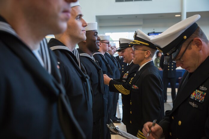 U.S. Navy Sailors assigned to the Branch Medical and Dental Clinic on Marine Corps Air Station (MCAS) Yuma conduct a uniform inspection at the medical clinic on MCAS Yuma, Ariz., Oct. 21, 2019. The purpose of the inspection was to check the Sailors' military appearance in uniform and attention to detail. (U.S. Marine Corps photo by Sgt. Isaac D. Martinez)