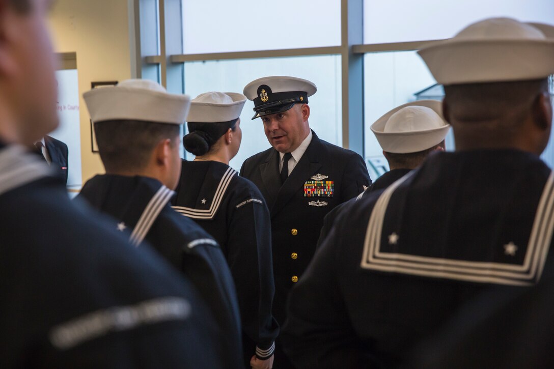 U.S. Navy Sailors assigned to the Branch Medical and Dental Clinic on Marine Corps Air Station (MCAS) Yuma conduct a uniform inspection at the medical clinic on MCAS Yuma, Ariz., Oct. 21, 2019. The purpose of the inspection was to check the Sailors' military appearance in uniform and attention to detail. (U.S. Marine Corps photo by Sgt. Isaac D. Martinez)