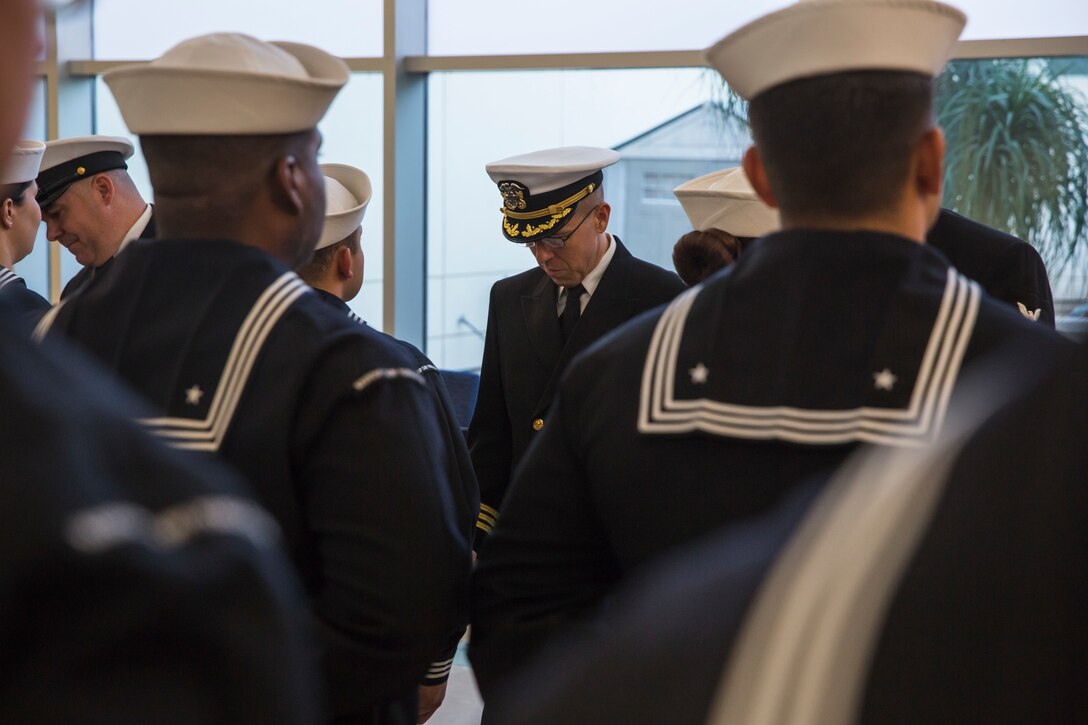 U.S. Navy Sailors assigned to the Branch Medical and Dental Clinic on Marine Corps Air Station (MCAS) Yuma conduct a uniform inspection at the medical clinic on MCAS Yuma, Ariz., Oct. 21, 2019. The purpose of the inspection was to check the Sailors' military appearance in uniform and attention to detail. (U.S. Marine Corps photo by Sgt. Isaac D. Martinez)