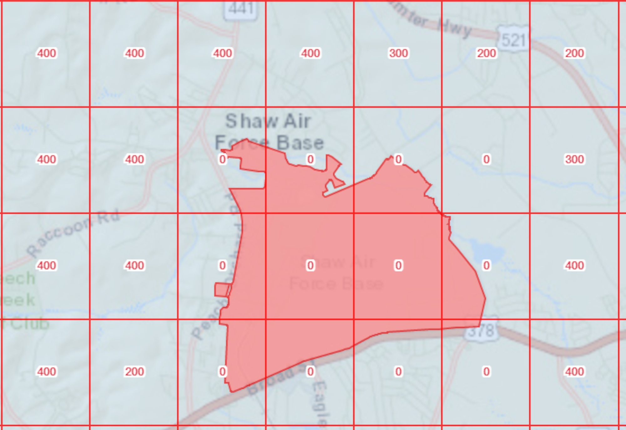 The Federal Aviation Administration’s unmanned aircraft system (UAS) data map displays the restricted flying area around Shaw Air Force Base, South Carolina. UAS pilots should refer to the map, found at https://faa.maps.arcgis.com, to know maximum altitudes for flying and other safety information. (Courtesy illustration)