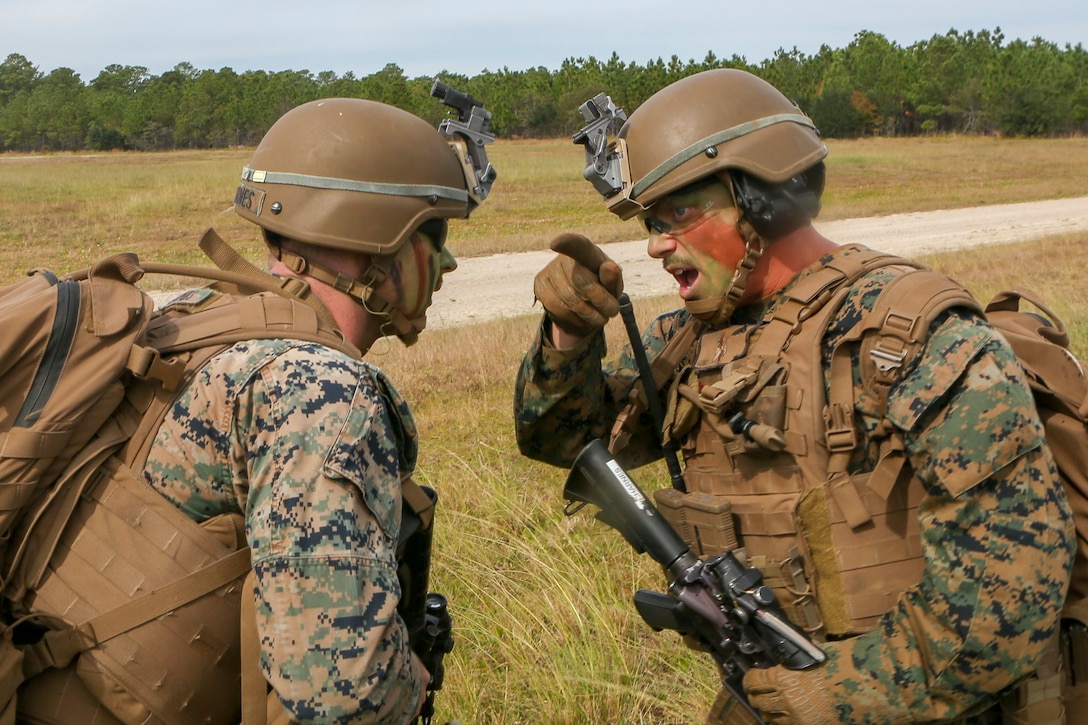 U.S. Marines with Weapons Company, Battalion Landing Team, 2nd Battalion, 8th Marine Regiment, 26th Marine Expeditionary Unit (MEU), provide security during a Tactical Recovery of Aircraft and Personnel mission as part of Composite Training Unit Exercise (COMPTUEX) in the vicinity of Camp Lejeune, North Carolina, Oct. 19, 2019. Bataan is underway conducting a COMPTUEX with the Bataan Amphibious Ready Group and 26th MEU. (U.S. Marine Corps photo by Lance Cpl. Gary Jayne III)