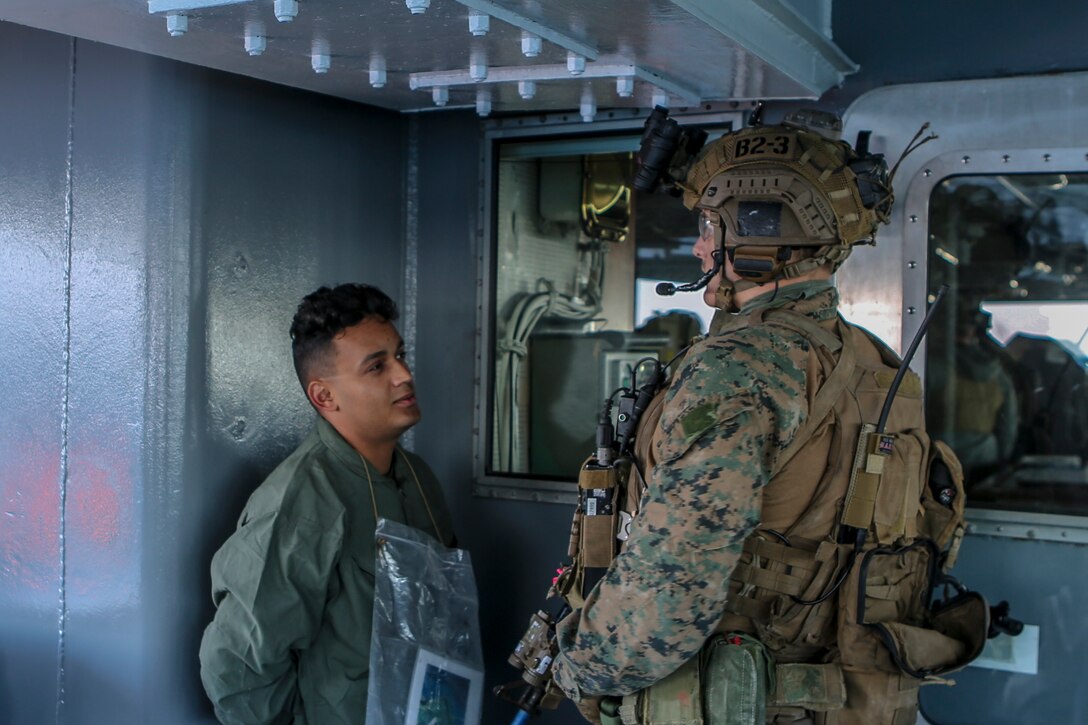 U.S. Marines with the Maritime Raid Force, 26th Marine Expeditionary Unit (MEU), conduct a Visit, Board, Search and Seizure mission during Composite Training Unit Exercise (COMPTUEX) in the Atlantic Ocean Oct. 17, 2019. Bataan is underway conducting a COMPTUEX with the Bataan Amphibious Ready Group and 26th MEU. (U.S. Marine Corps photo by Lance Cpl. Gary Jayne III)