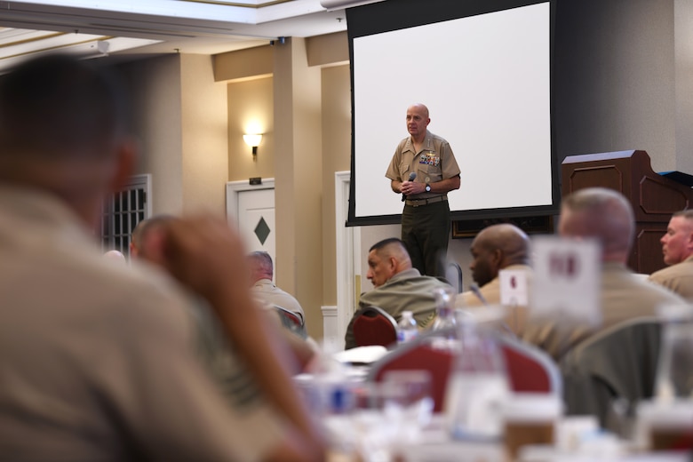 The Commandant of the Marine Corps Gen. David H. Berger speaks to an audience of senior enlisted Marines and Sailors during the Sergeant Major of the Marine Corps Symposium in Quantico, Va., Oct. 17, 2019. The Sergeant Major of the Marine Corps Symposium is an annual event for Marine Corps Sergeants Major to gather and discuss Corps readiness, safety and future operations.