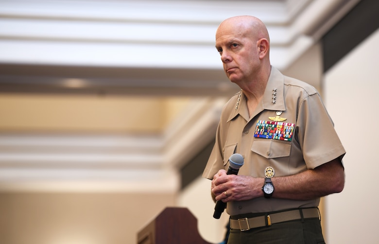 The Commandant of the Marine Corps Gen. David H. Berger addresses an audience of senior enlisted Marines and Sailors about Force Design at the Sergeant Major of the Marine Corps Symposium in Quantico, Va., Oct. 17, 2019. The Sergeant Major of the Marine Corps Symposium is an annual event for Marine Corps Sergeants Major to gather and discuss Corps readiness, safety and future operations.