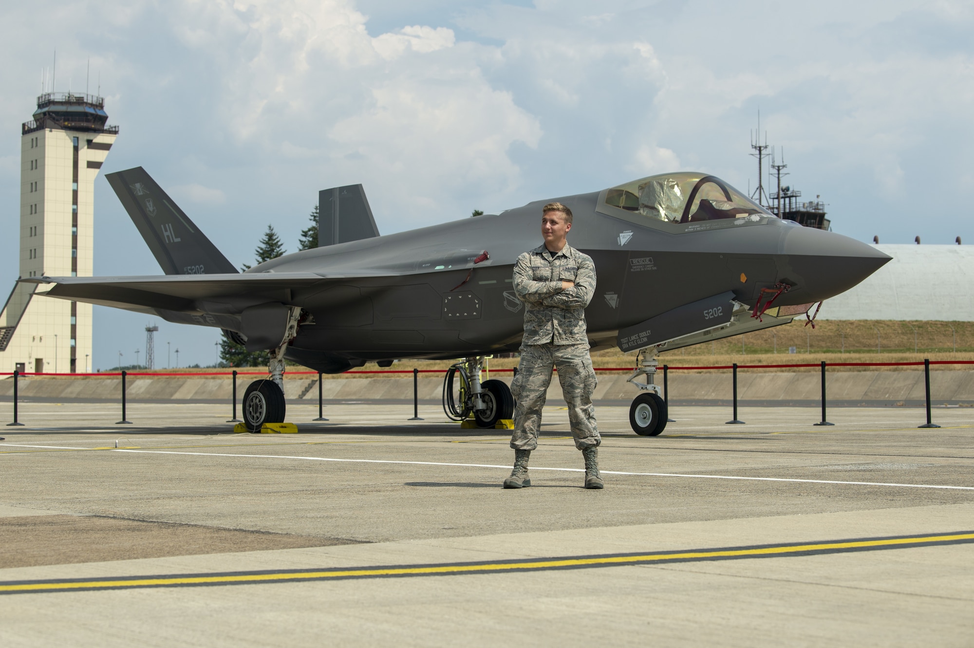 Senior Airman Colby Cook, an F-35A Lightning II crew chief assigned to the 419th Fighter Wing, on the flightline July 26, 2019, at Spangdahlem Air Base, Germany. Cook was deployed with his unit to participate in exercises and conduct training with other Europe-based aircraft as part of a Theater Security Package. (U.S. Air Force photo by Airman 1st Class Branden Rae)
