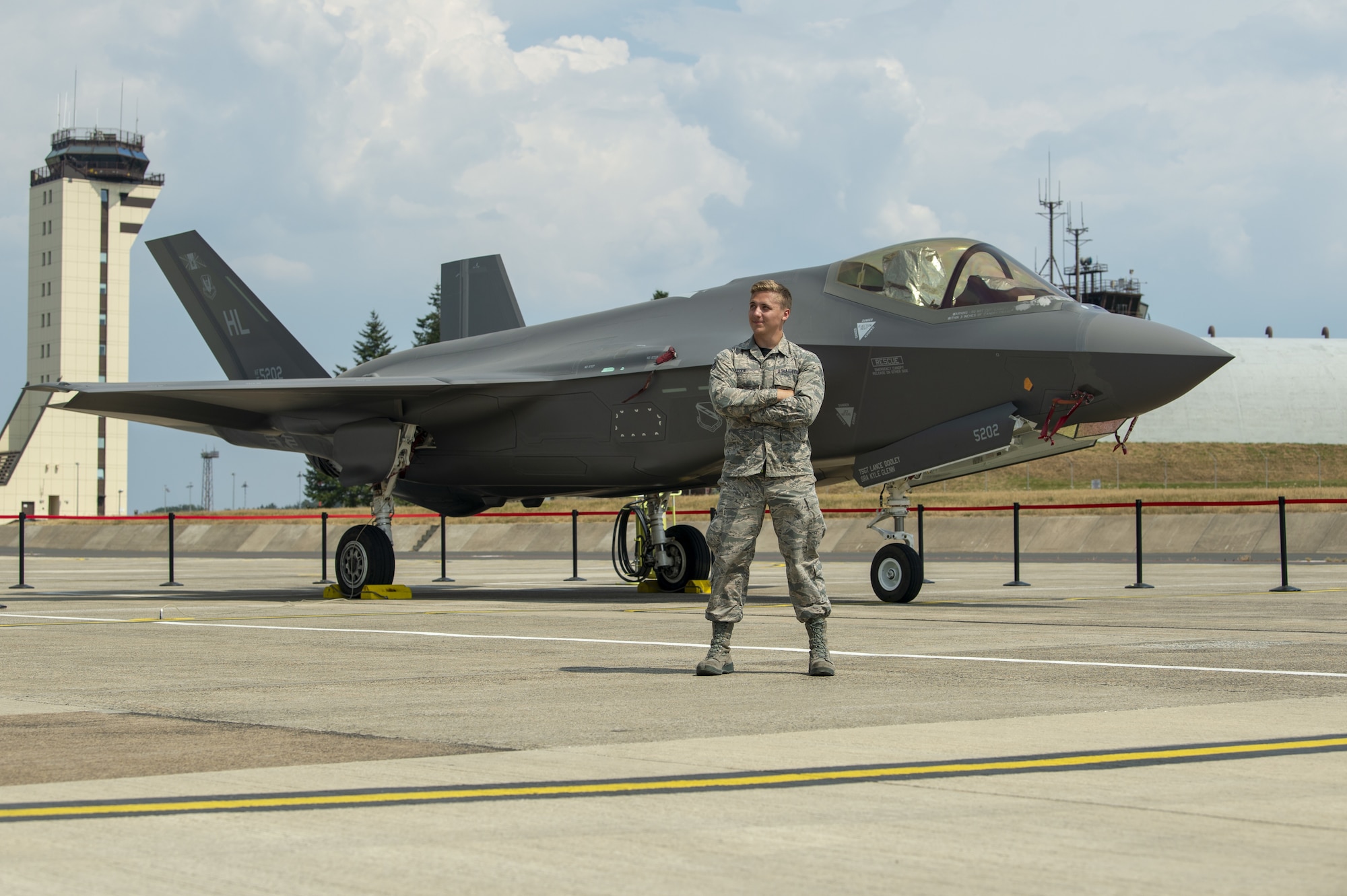 Senior Airman Colby Cook, an F-35A Lightning II crew chief assigned to the 419th Fighter Wing, on the flightline July 26, 2019, at Spangdahlem Air Base, Germany. Cook was deployed with his unit to participate in exercises and conduct training with other Europe-based aircraft as part of a Theater Security Package. (U.S. Air Force photo by Airman 1st Class Branden Rae)