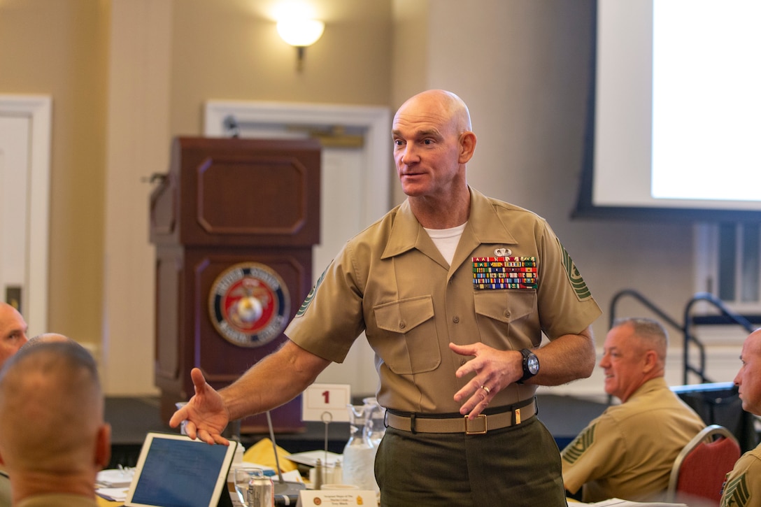 U.S. Marine Corps Sergeant Maj. Troy L. Black, sergeant major of the Marine Corps, speaks at the annual Sergeants Major of the Marine Corps Symposium at The Clubs of Quantico aboard Marine Corps Base Quantico, Va., Oct. 17, 2019. Sergeants Major of the Marine Corps, Sergeants Major, Master Gunnery Sergeants, and Master Chiefs gather to brief and plan the needs of the present and future of the Marine Corps.