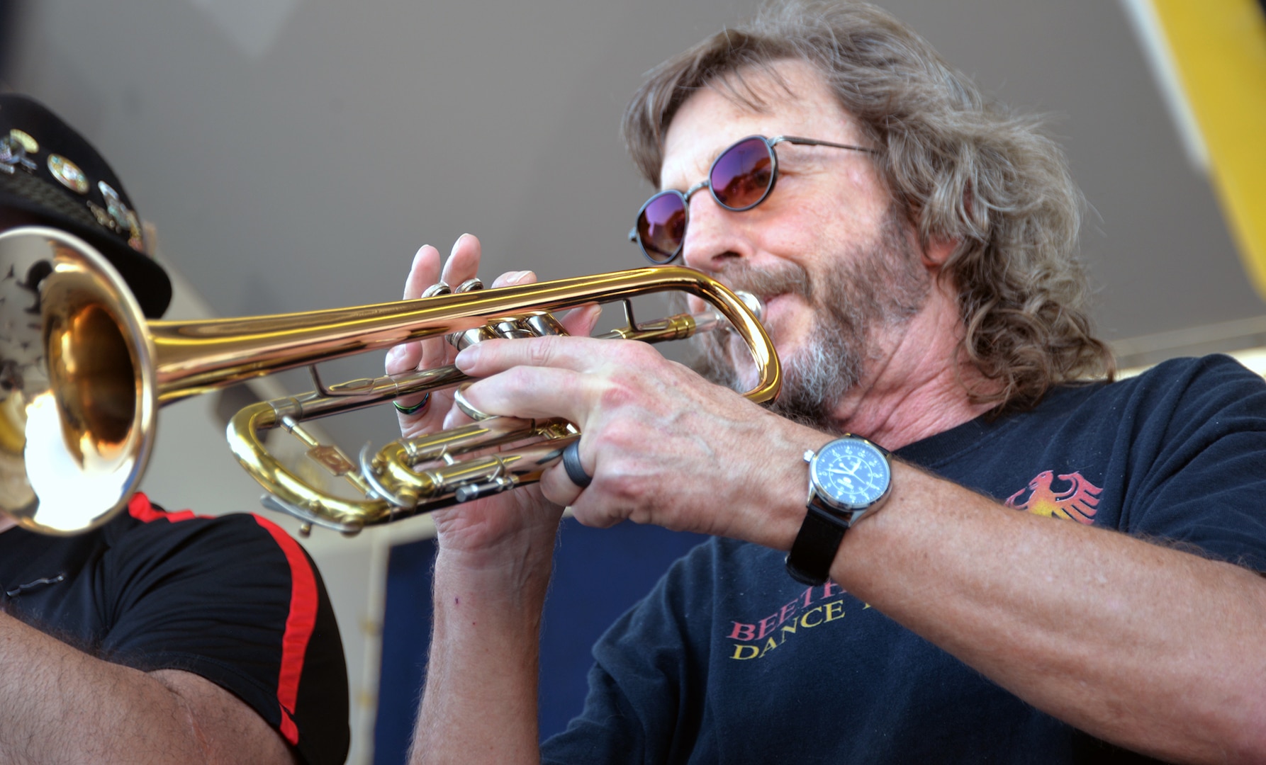 A member of the Beethoven Dance Band revs up his trumpet during the JBSA-Fort Sam Houston Oktoberfest celebration Oct. 19.