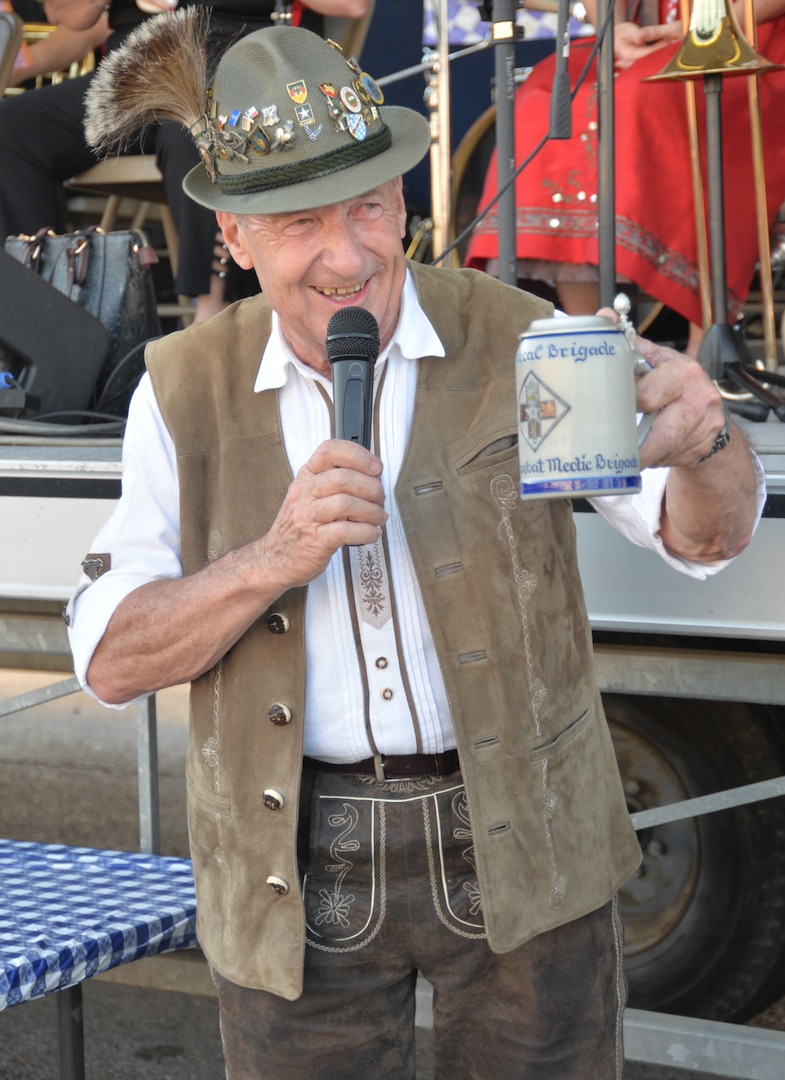 The JBSA-Fort Sam Houston Oktoberfest grand marshal raises a toast Oct. 19.