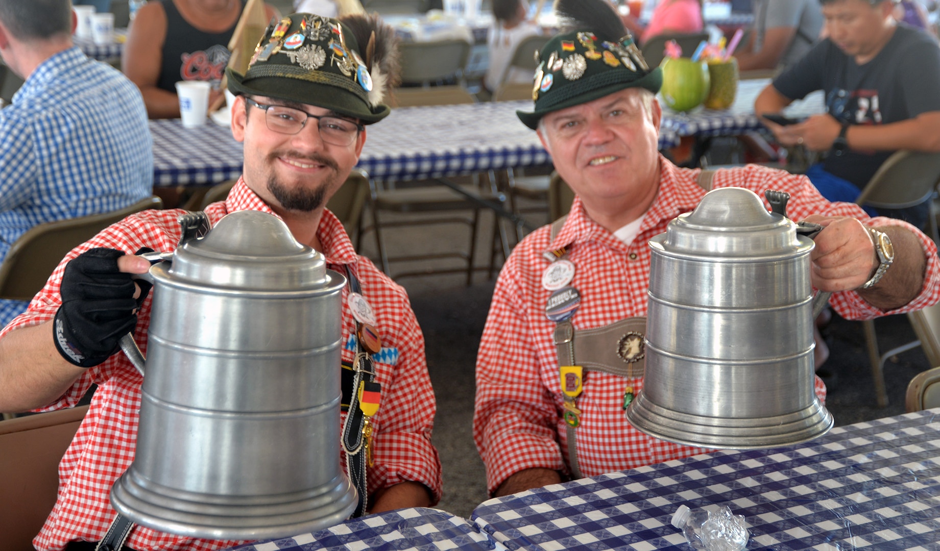 Staying hydrated is important during the sometimes hot Texas autumn afternoons. These gentlemen take that message to heart at the 2019 Joint Base San Antonio-Fort Sam Houston Oktoberfest celebration Oct. 19.