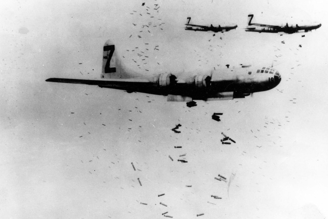 Aircraft drop bombs.