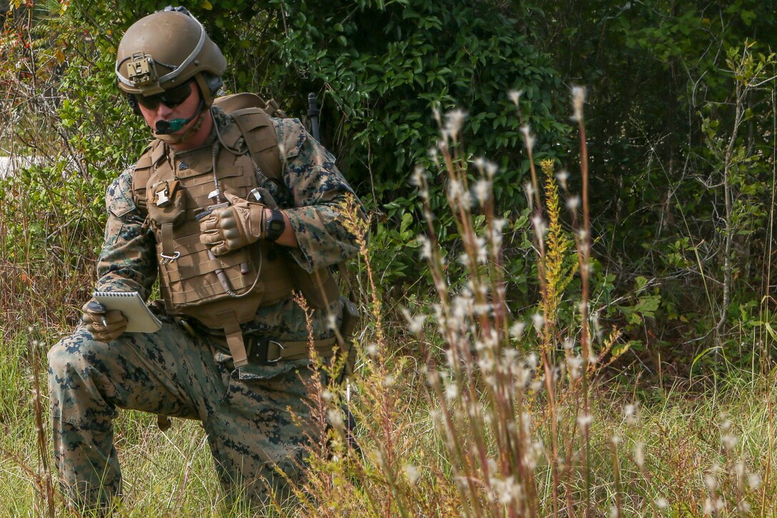 U.S. Marines with Weapons Company, Battalion Landing Team, 2nd Battalion, 8th Marine Regiment, 26th Marine Expeditionary Unit , provide security during a Tactical Recovery of Aircraft and Personnel mission as part of Composite Training Unit Exercise  in the vicinity of Camp Lejeune, N.C., Oct. 19, 2019. Bataan is underway conducting a COMPTUEX with the Bataan Amphibious Ready Group and 26th MEU. (U.S. Marine Corps photo by Lance Cpl. Gary Jayne III)