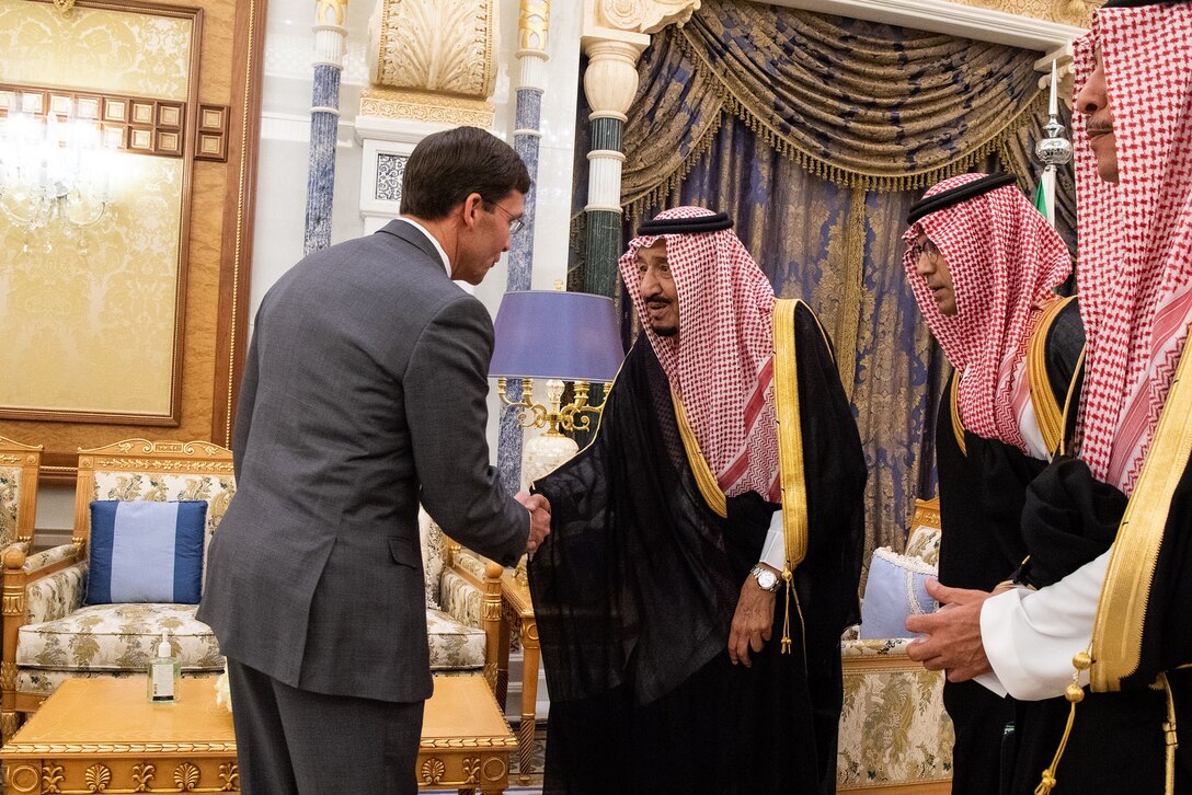 Defense Secretary Mark T. Esper shakes hands with Saudi Arabia’s king.