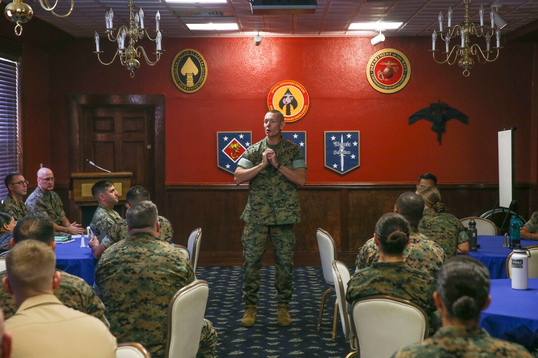 U.S. Marine Corps Maj. Gen. Stephen Neary, the commanding general of 2nd Marine Expeditionary Brigade, gives a speech during the Maritime Preposition Force Staff Planning Course at Camp Lejeune, N.C., Oct. 11, 2019. This was an annual training course intended to help align II Marine Expeditionary Force and 2nd Marine Expeditionary Brigade with the Commandant’s Planning Guidance. (U.S. Marine Corps photo by Cpl. Stephen Campbell)