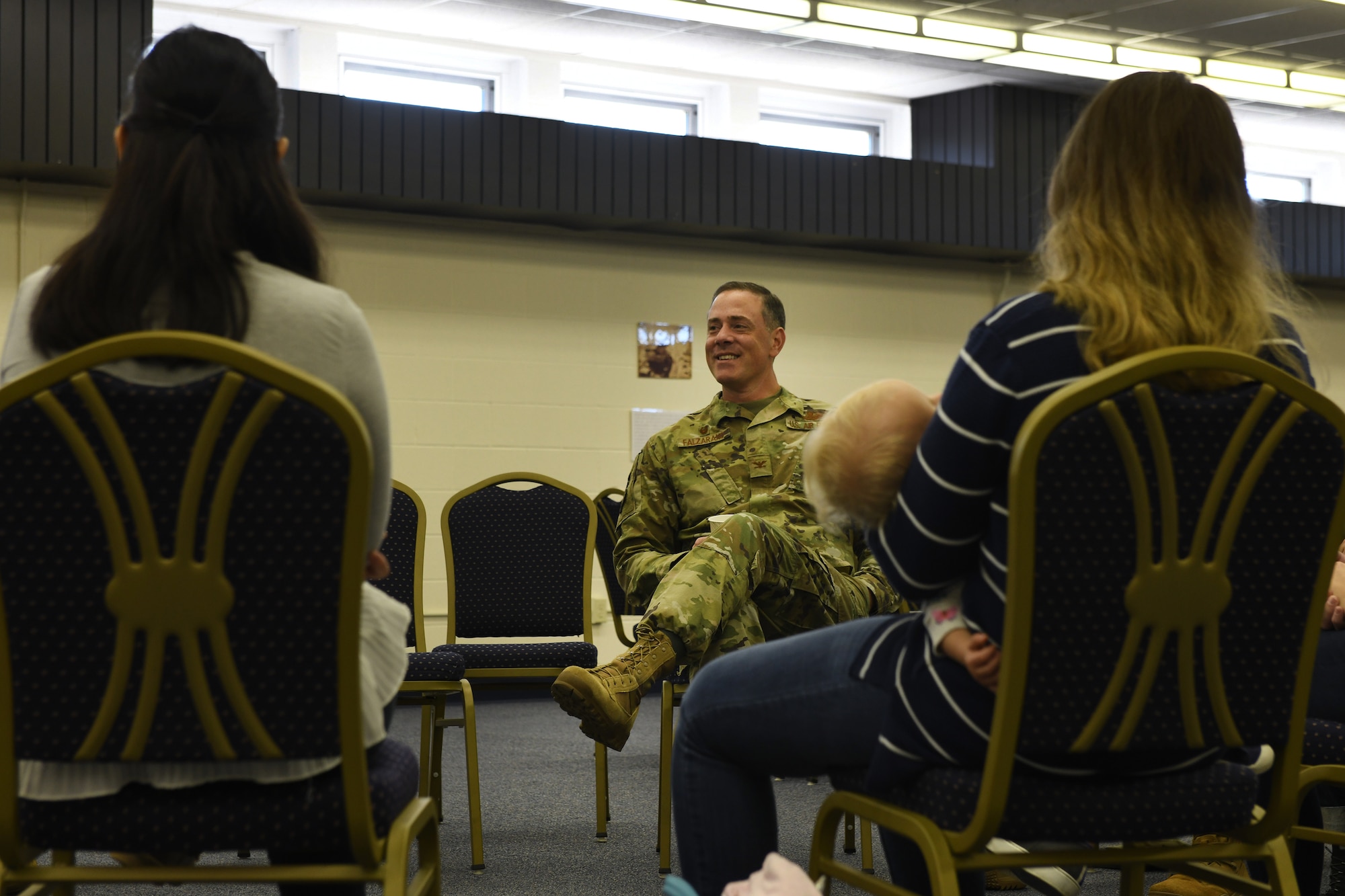 Col. Thomas Falzarano, 21st Space Wing commander, talks with the key spouse group Sept. 27, 2019, on Cavalier Air Force Station, North Dakota. Falzarano, as part of the tour of Cavalier AFS, met the families on the base to understand their struggles and challenges on base. (U.S. Air Force photo by Airman 1st Class Andrew Bertain)