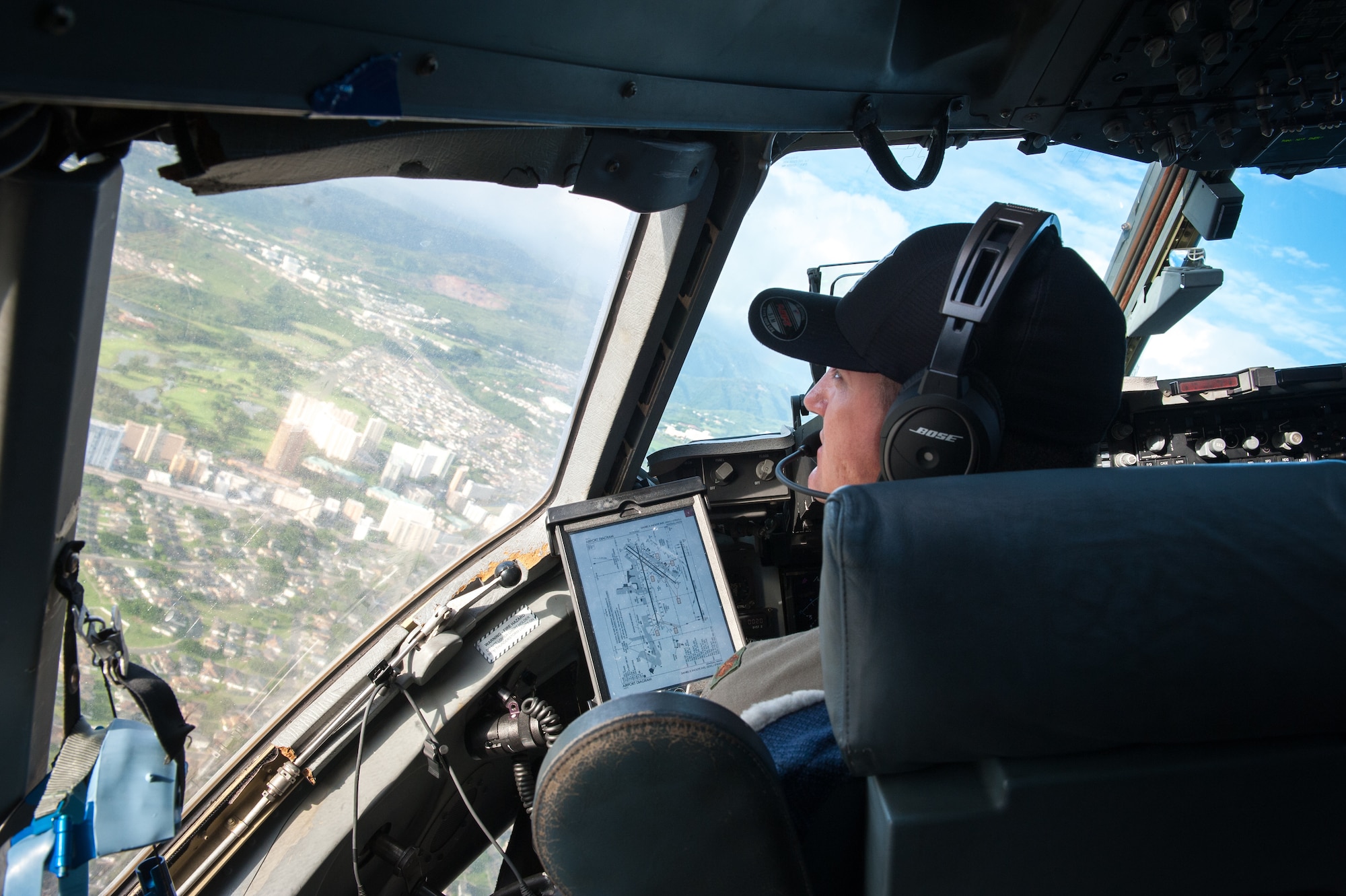 The skies aligned for two pilots and former college football players who were able to support their alma maters in a once-in-a-lifetime way on game day. Maj. Britton Komine, 204th Airlift Squadron, and Capt. Nathaniel Dreslinski, 535th Airlift Squadron, flew the C-17 Globemaster III over Aloha Stadium Saturday, Oct. 19, to demonstrate the power of the Air Force’s most flexible cargo aircraft at the U.S. Air Force Academy versus the University of Hawaii football game.