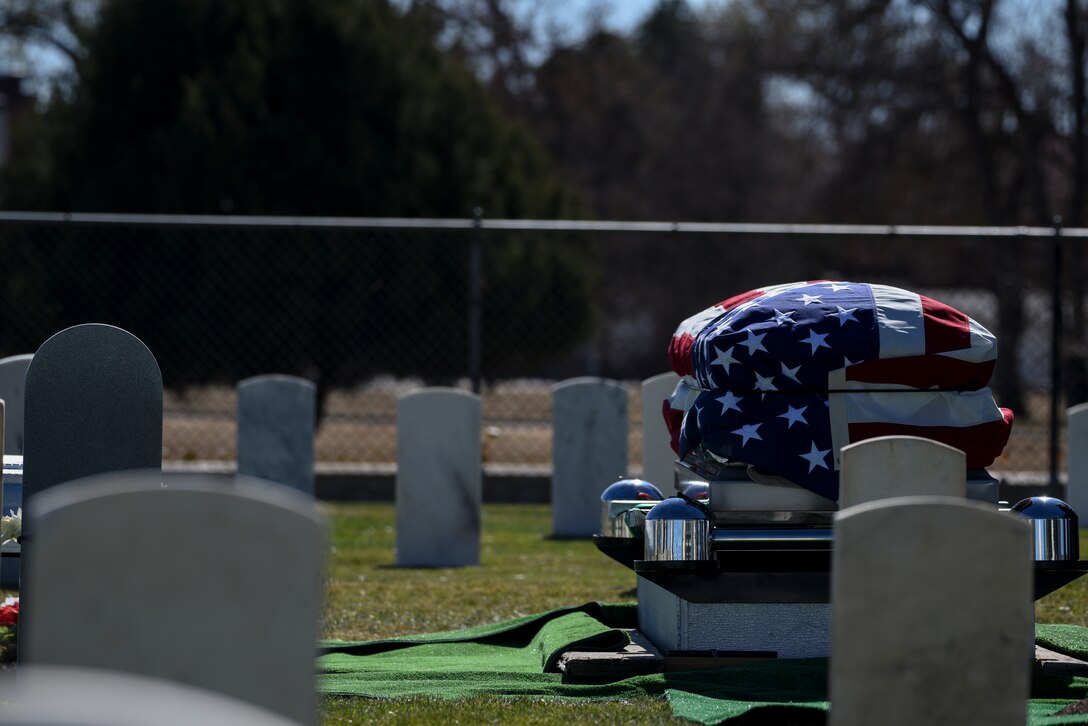 Retired Master Sgt. Robert Meadows was laid to rest at the F.E. Warren Cemetery, Oct. 22, 2019, on F.E. Warren Air Force Base, Wyo. Meadows served 20 years in the Air Force, retiring from the 1381st Geodetic Survey Squadron in 1966. (U.S. Air Force photo by Staff Sgt. Ashley N. Sokolov)