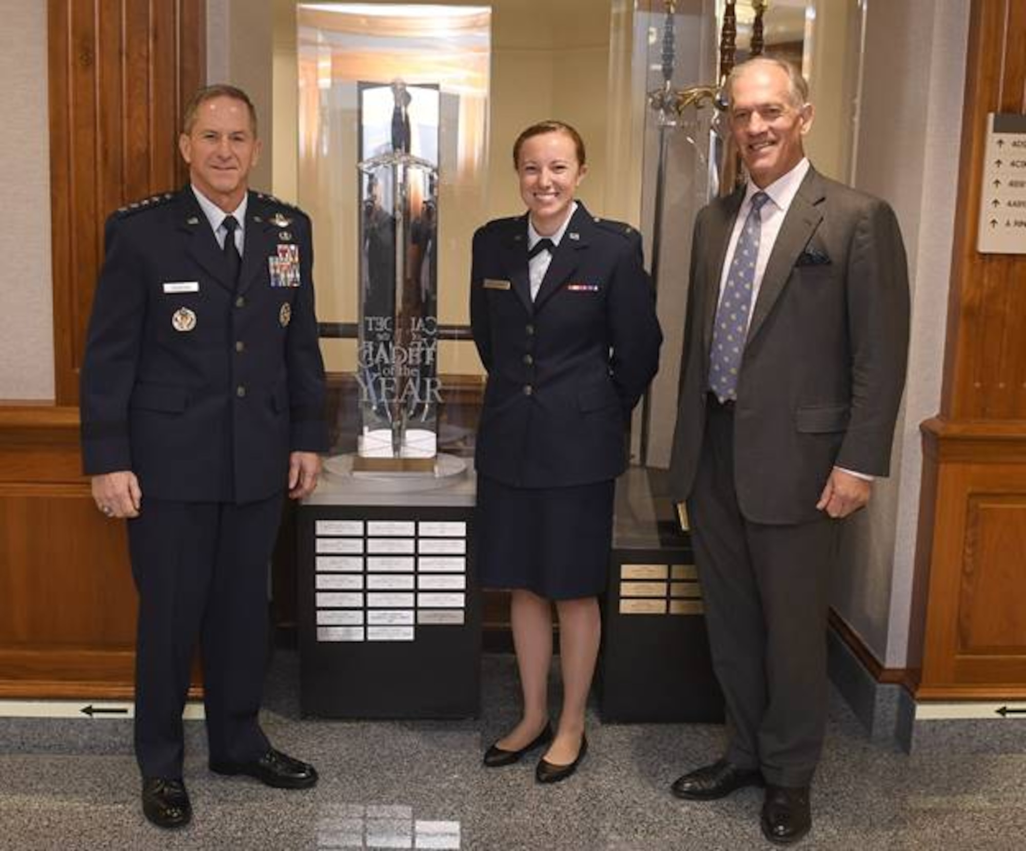 Air Force Chief of Staff Gen. David L. Goldfein (left) posed for a photo with 2019 Cadet of the Year, 2nd Lt. Kirsten Cullinan, and Jonathan Elwes of the Royal Air Squadron Oct. 22, 2019, at the Pentagon, Arlington, Va. (Air Force photo by Andy Morataya)