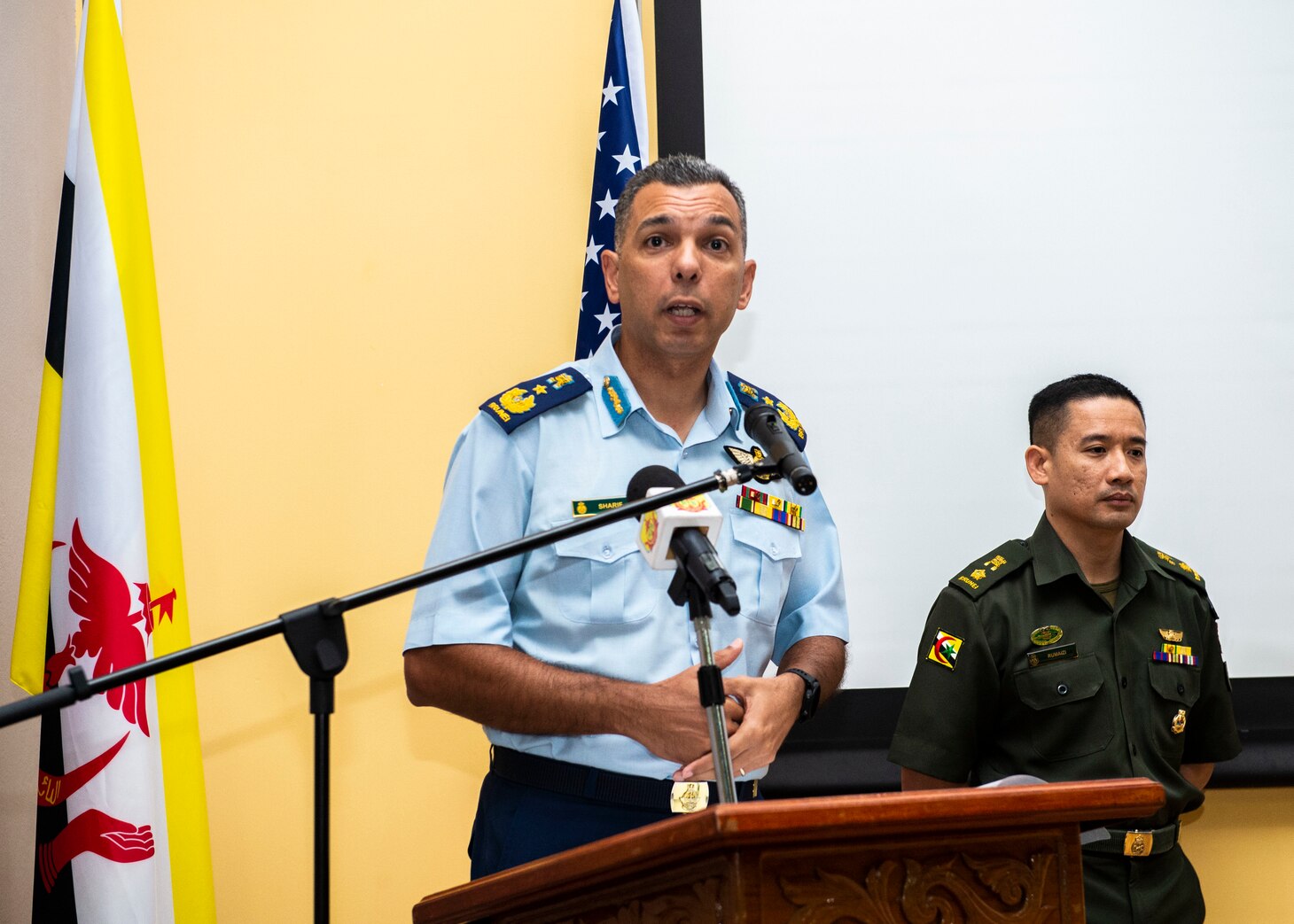 MAURA, Brunei (Oct. 22, 2019) Royal Brunei Armed Forces (RBAF) Brig. Gen. Dato Seri Pahlawan Mohd Sharif bin Dato Paduka Haji Ibrahim, RBAF joint force commander, provides his opening remarks during the opening ceremony for Cooperation Afloat Readiness and Training (CARAT) Brunei. This year marks the 25th iteration of CARAT, a multinational exercise designed to enhance U.S. and partner navies' abilities to operate together in response to traditional and non-traditional maritime security challenges in the Indo-Pacific region.