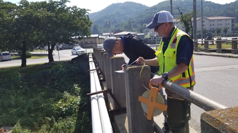 : Far East District structural engineer Choe, Hyon-Ku is assisted by an Engineer Research and Development Center (ERDC) engineer as he inspects a bridge at Camp Hovey, Republic of Korea on Oct. 9, 2019.