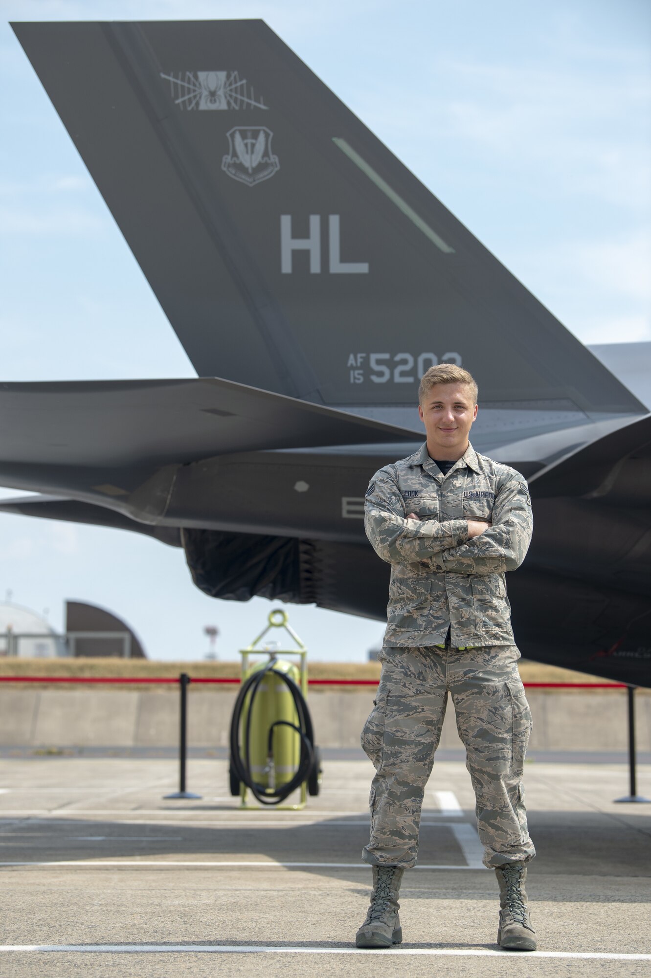 Senior Airman Colby Cook, an F-35A Lightning II crew chief assigned to the 419th Fighter Wing, on the flightline July 26, 2019, at Spangdahlem Air Base, Germany. Cook was deployed with his unit to participate in exercises and conduct training with other Europe-based aircraft as part of a Theater Security Package. (U.S. Air Force photo by Airman 1st Class Branden Rae)