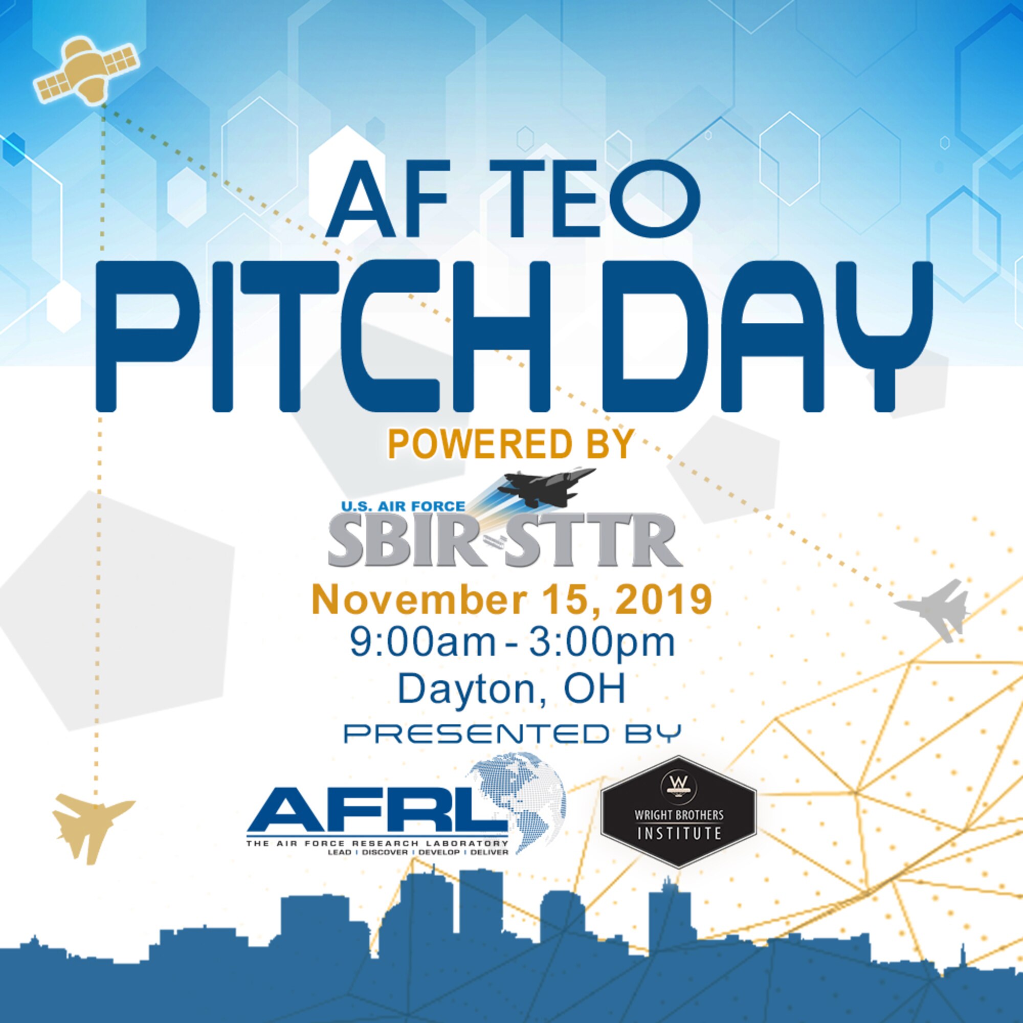 The Air Force Research Laboratory and the Wright Brother’s Institute will host the inaugural Air Force Technology Executive Officer Pitch Day Nov. 15 at the Steam Plant and the Wright Brother’s Institute in Dayton from 9 a.m. to 3 p.m. with a business networking social to follow. (Courtesy graphic)
