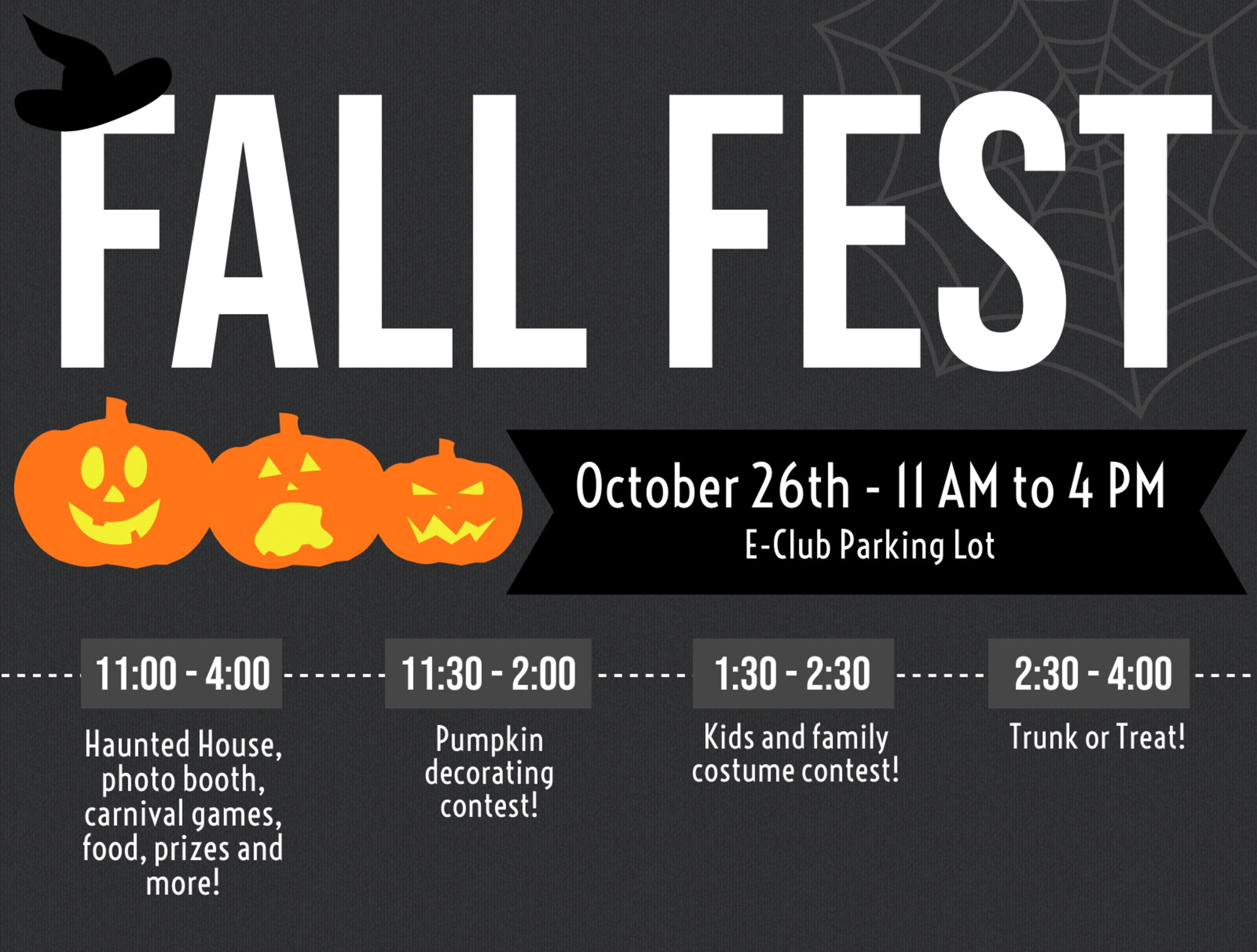 A free, fall festival featuring a haunted house and “trunk-or-treat” is scheduled for 11 a.m. to 4 p.m. in the Enlisted Club parking lot Oct. 26, 2019. KMC families and kids are invited to dress up and partake in costume contests from 1:30 to 2:30 p.m. A pumpkin decorating contest is scheduled for 11:30 a.m. to 2 p.m.