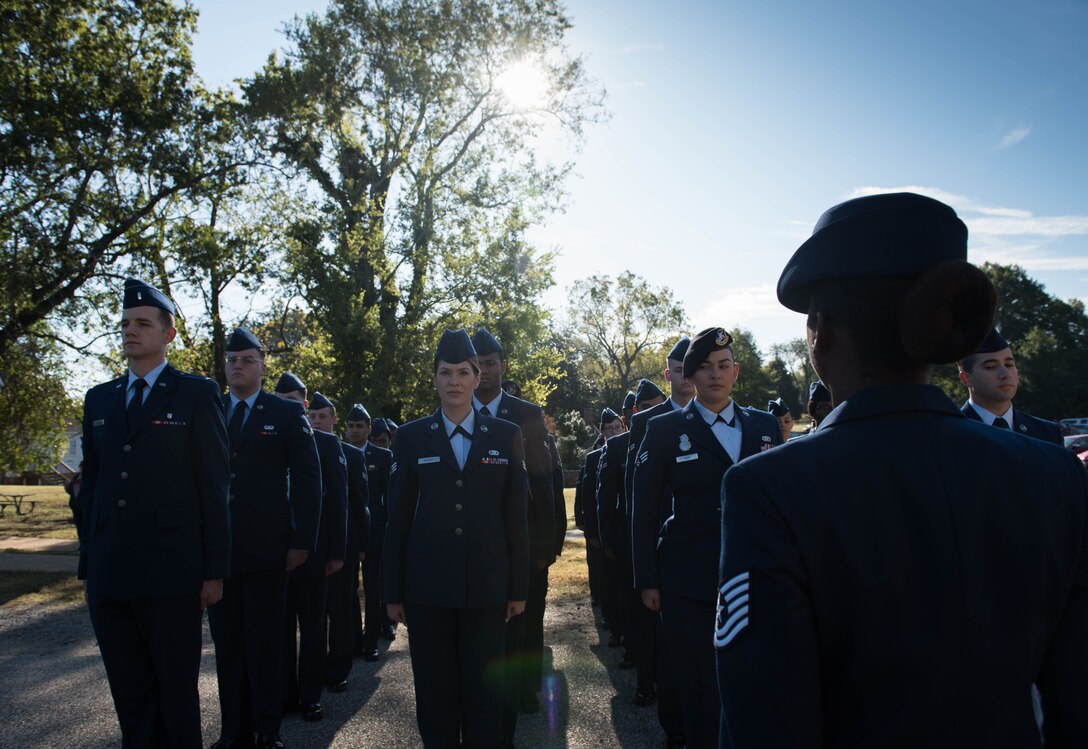 U.S. Air Force Airmen from Joint Base Langley-Eustis, Virginia, prepare to march in the annual Yorktown Day Parade at the Yorktown Battlefield, Oct. 19, 2019. U.S. Air Force Tech. Sgt. Rosalyn Wright, 633rd Force Support Squadron outbound assignments non-commissioned officer in charge and a former Basic Military Training Instructor, sized and commanded the flight.  (U.S. Air Force photo by Airman 1st Class Sarah Dowe)